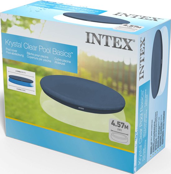 Intex zwembadafdekzeil verpakking met afbeelding van rond afdekzeil en maat 4,57 m