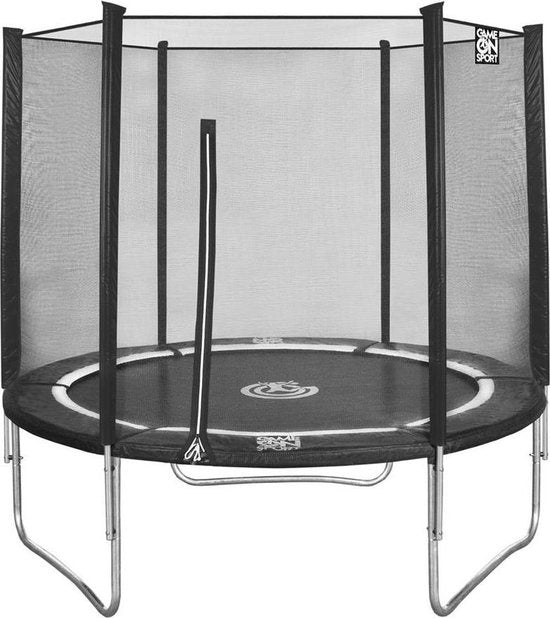 Zwarte trampoline met beschermnet en rond speelvlak, frame met poten