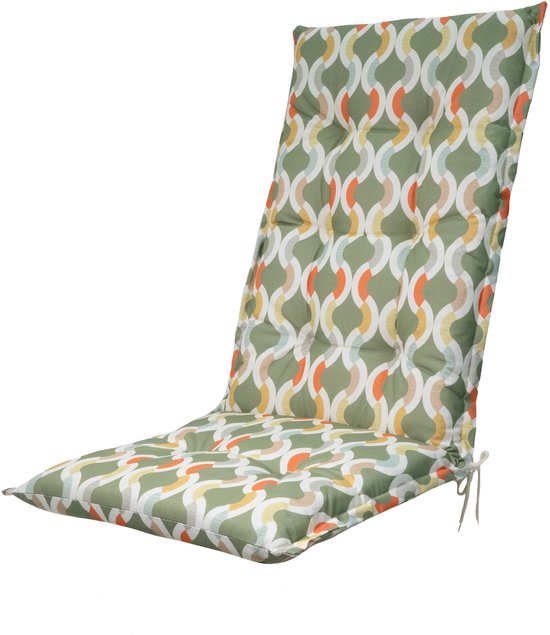 Outdoor kussen met hoge rug, groen met golvend patroon, vast zitkussen met strikkoord.