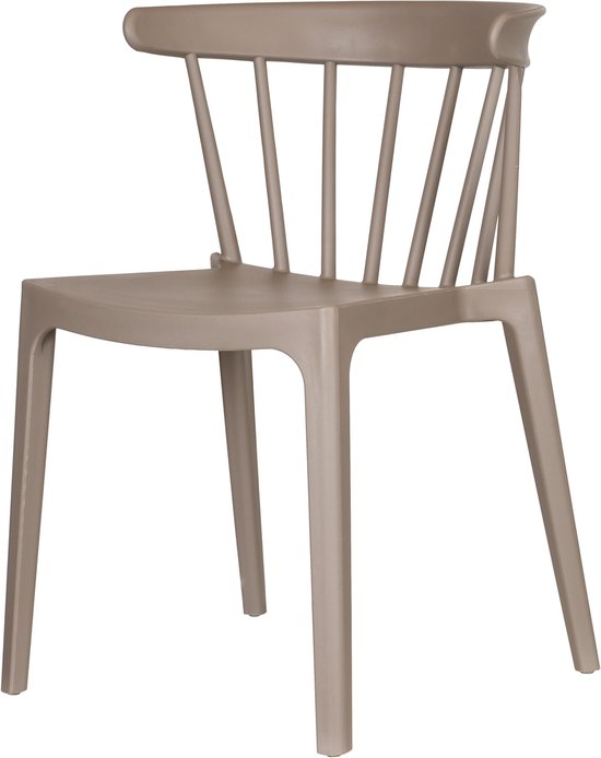 Taupe kunststof eetkamerstoel met ronde rugleuning, verticale spijlen en stevige poten.