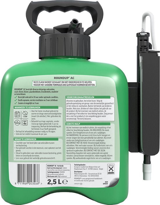 Groene RoundUp onkruidbestrijder met etiket aan achterzijde en doseerpomp, 2,5 L