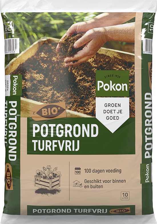Pokon potgrond turfvrij BIO zak met label en opschrift