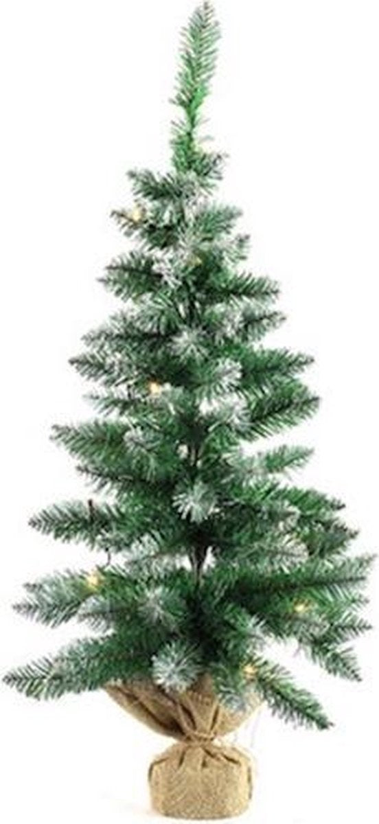Groene kunstkerstboom met LED-verlichting, Fergus L-formaat, in jute pot.