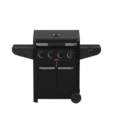 Zwart gasbarbecue met vier branders, roosters, deksel en zijplank links