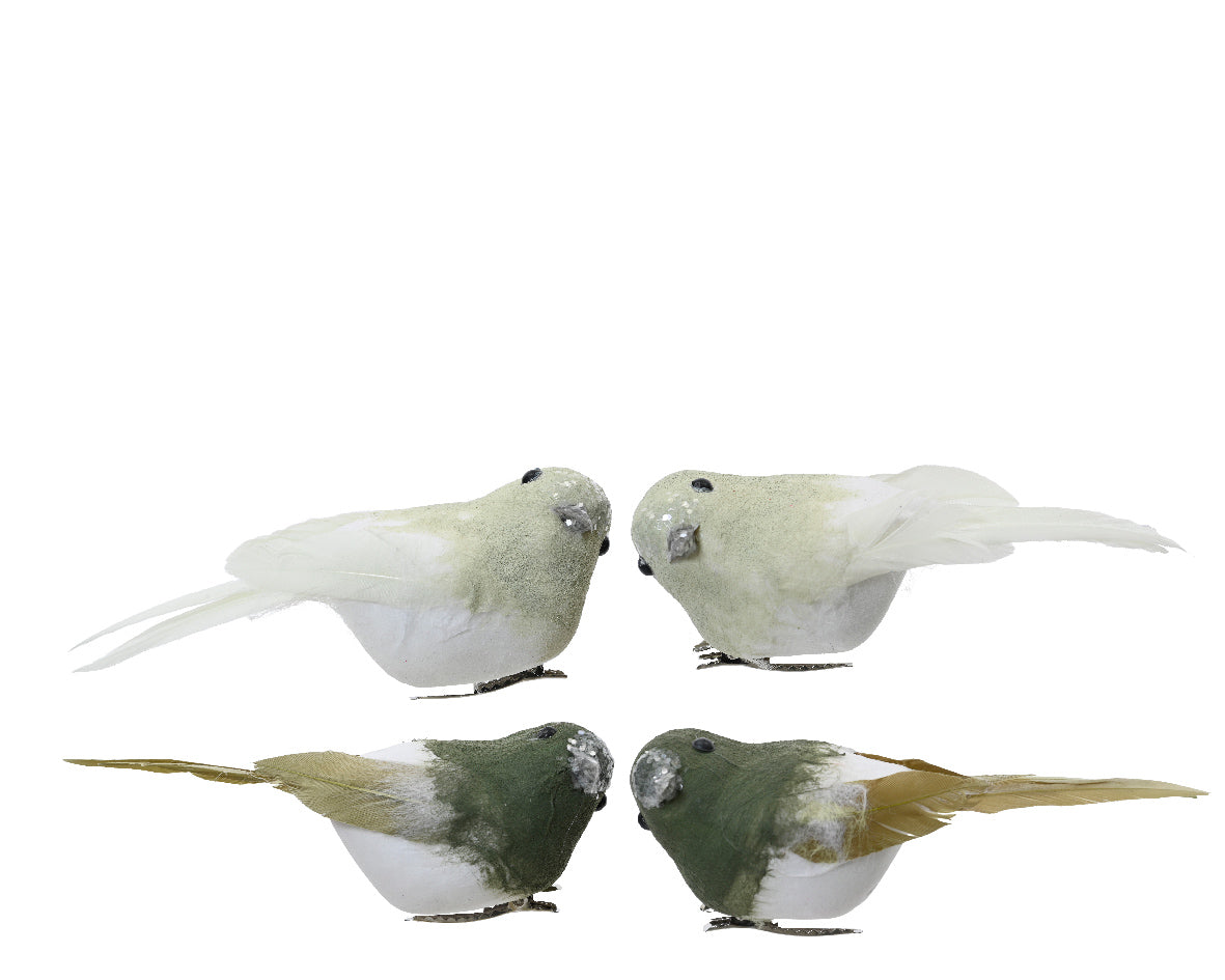 Schuimdecoratie vogeltjes, set van vier in groen en wit