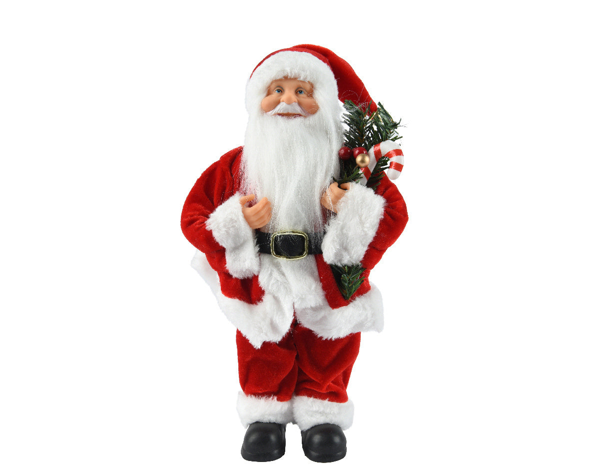 Kerstman decoratie in polyester, rood met witte bontkraag, met kleine kerstboom
