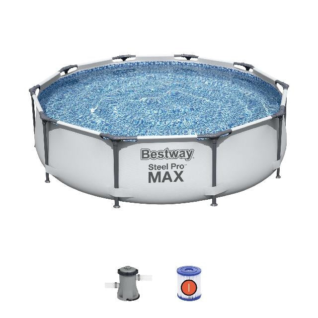 Rond opzetzwembad met blauw water en grijze montageconstructie