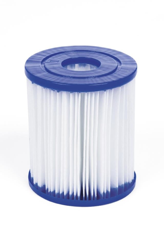 Blauwe filterpatroon met witte plooien voor zwembadpomp
