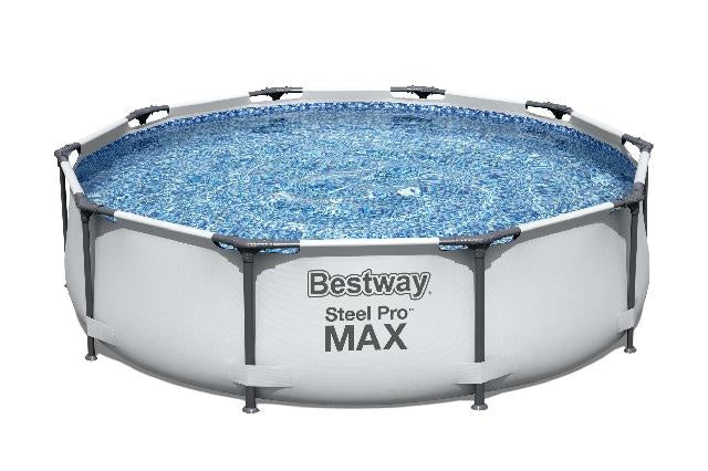 Rond opzetzwembad met blauw binnenfolie en grijze metalen rand