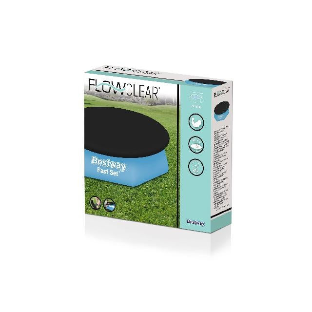 Doos van Bestway Flowclear afdekzeil voor rond zwembad, zwart en blauw.