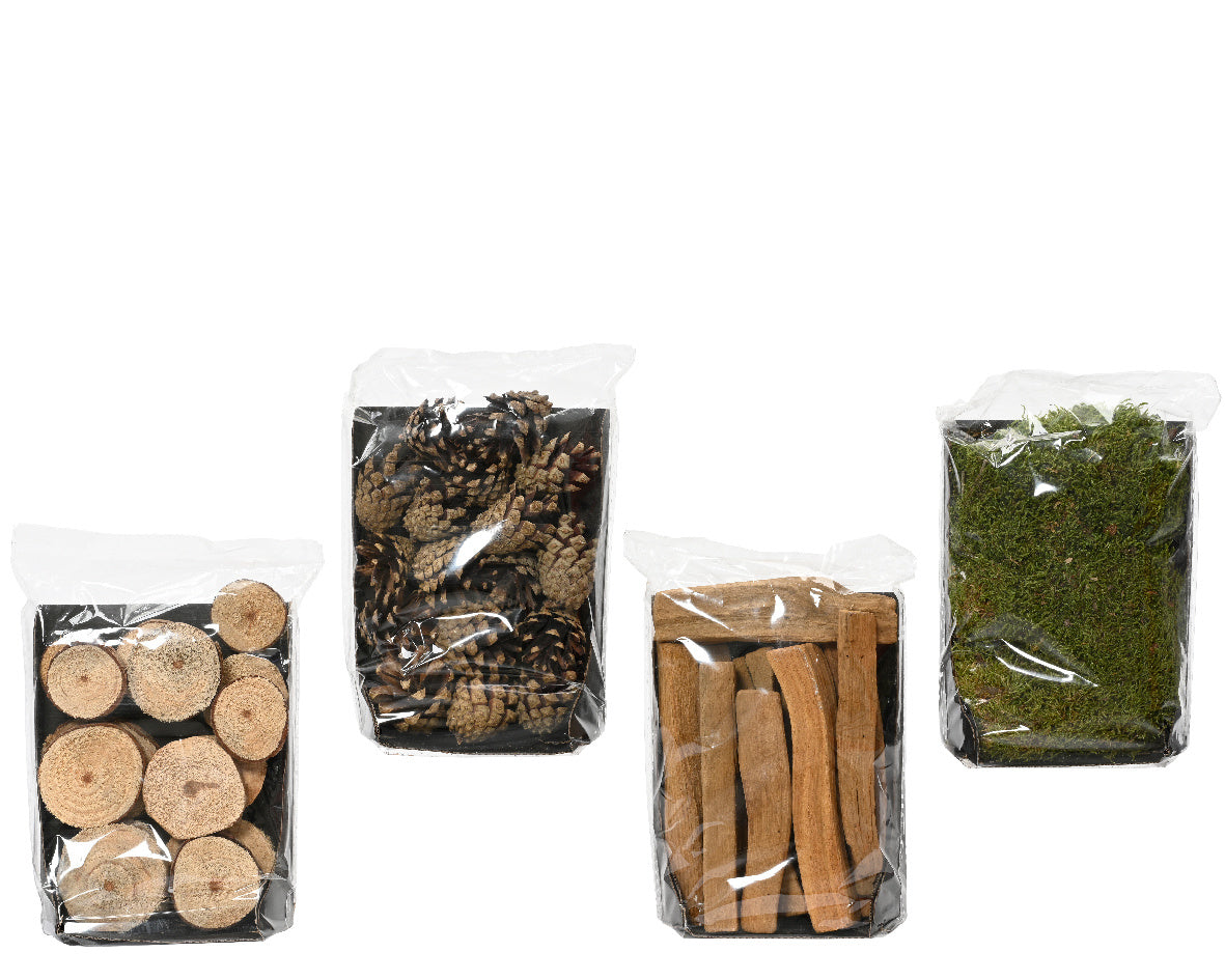 Decoratiemos-set met vier transparante zakjes met gedroogde decorstukken