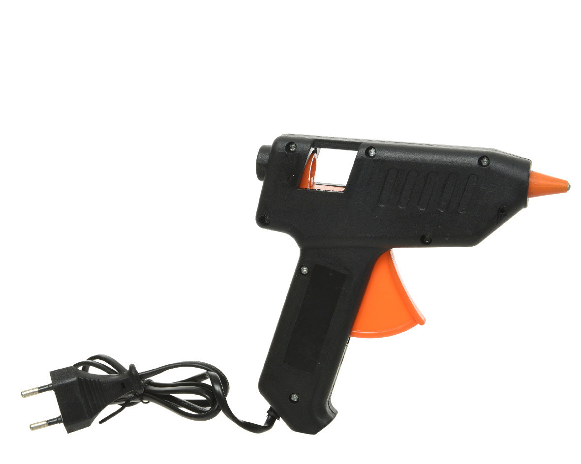 Lijmpistool van zwart kunststof met oranje mondstuk en netsnoer.