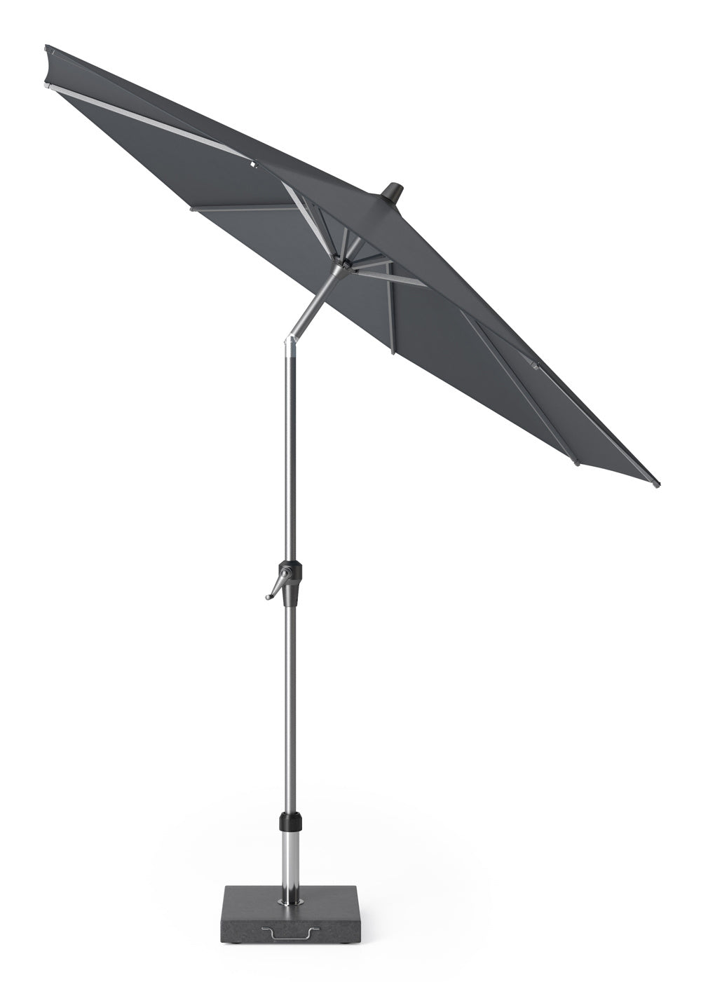 Antraciet parasol met schuin uitgeklapte armen, zilveren mast en voet