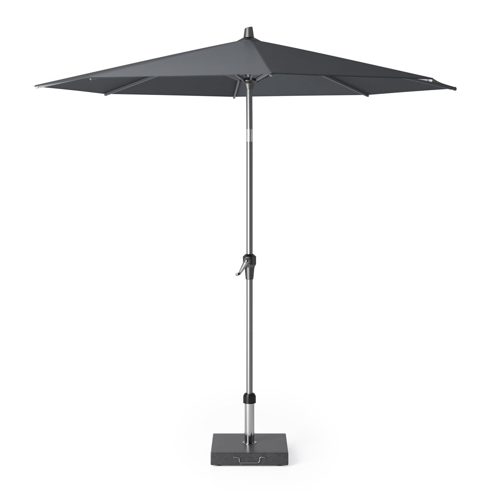 Antraciet parasol met ronde doek, zilveren mast en stevige voet