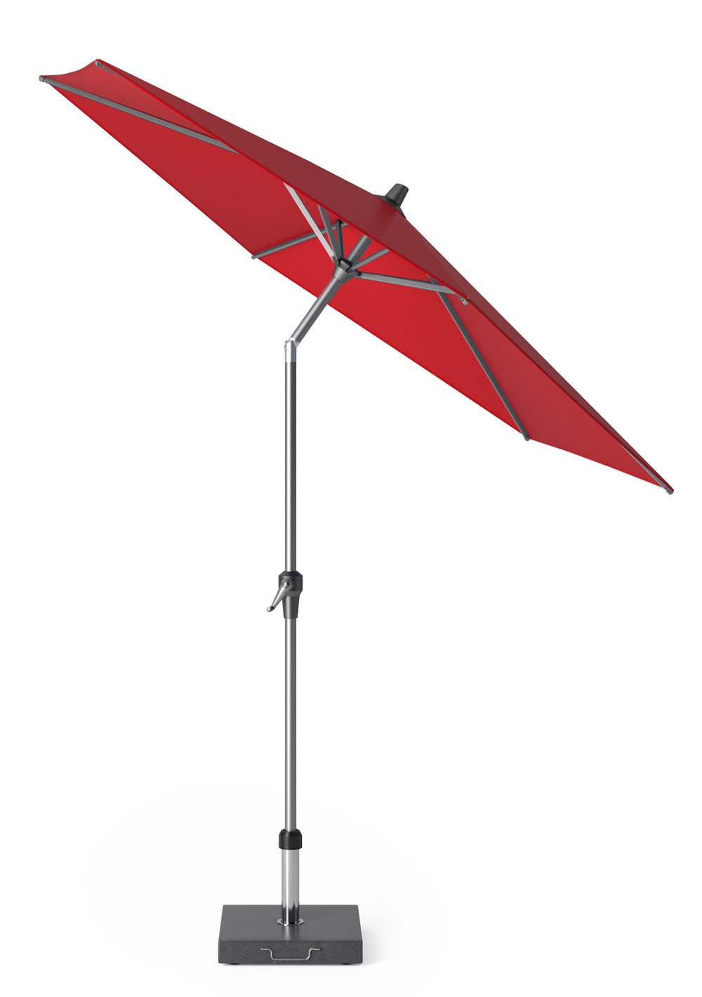 Parasol met rode doek in open stand, metalen ribben en grijze voet
