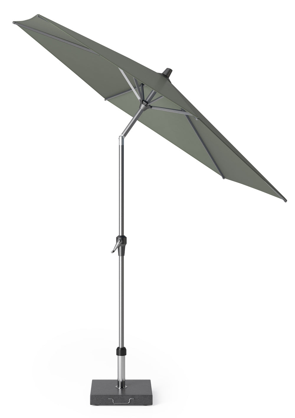 Olijfkleurige parasol schuin van boven met open doek en metalen kruisspanten