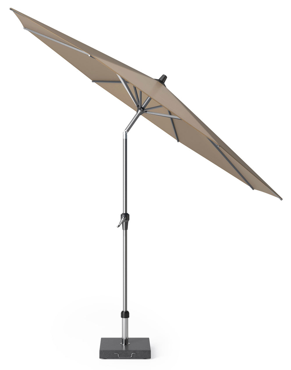 Taupe parasol met doek in zijaanzicht en metalen mast op voet