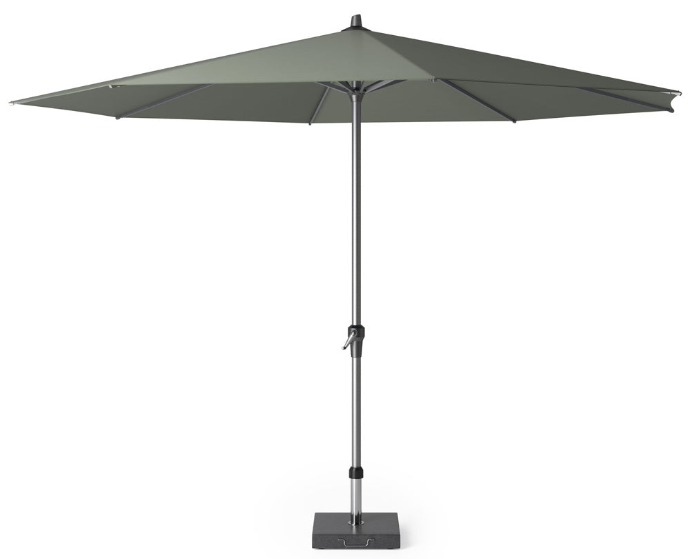 Parasol met ronde doek en centraal frame, olijfkleurig, met mast en voet