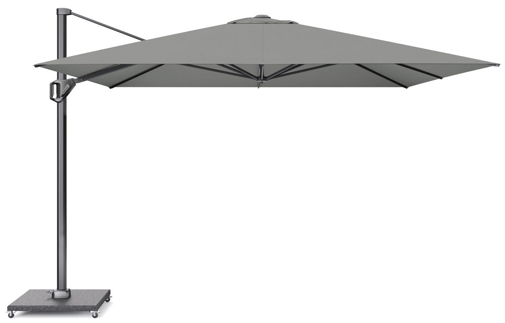 Zweefparasol met grijze doek en metalen paal, met grijze voet en wielen