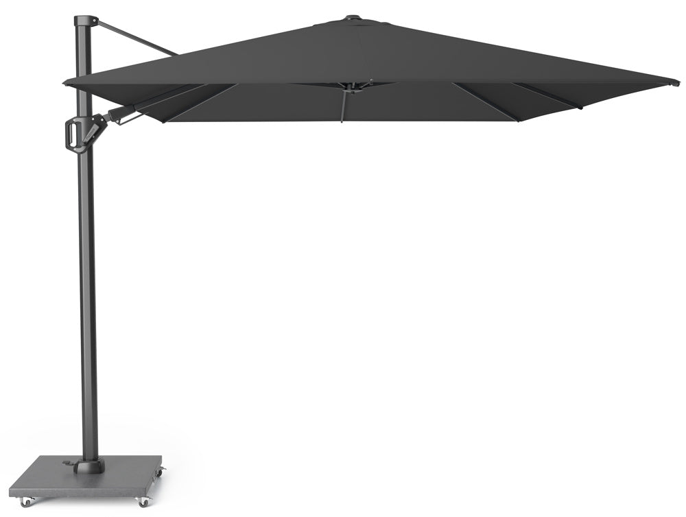 Zweefparasol met donkerzwarte doek en mast, met brede grijze voet
