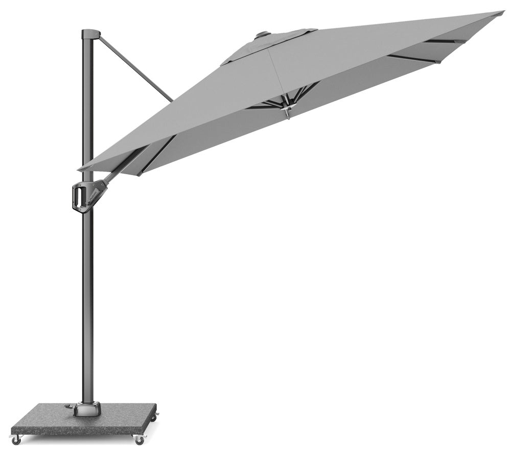 Zweefparasol met lichtgrijze vierkante doek, scharnierende steun en grijze mast