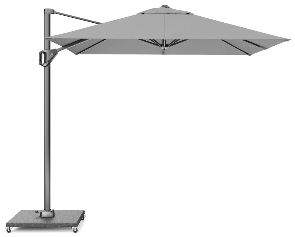 Zweefparasol met lichtgrijze doek en grijze metalen mast, op draaibare voet