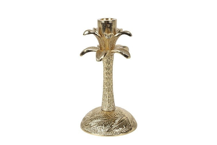 Gouden metalen kandelaar met decoratieve bladeren en ronde voet
