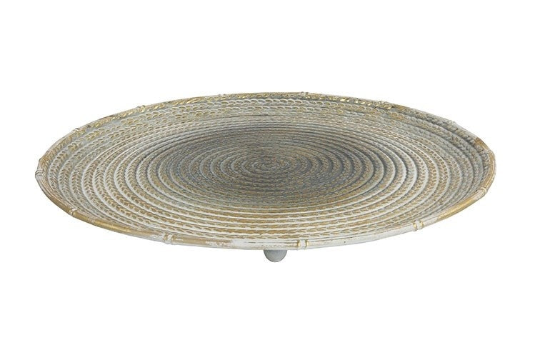 Rond gevlochten dienblad met lichte beige rand en grijze kern.
