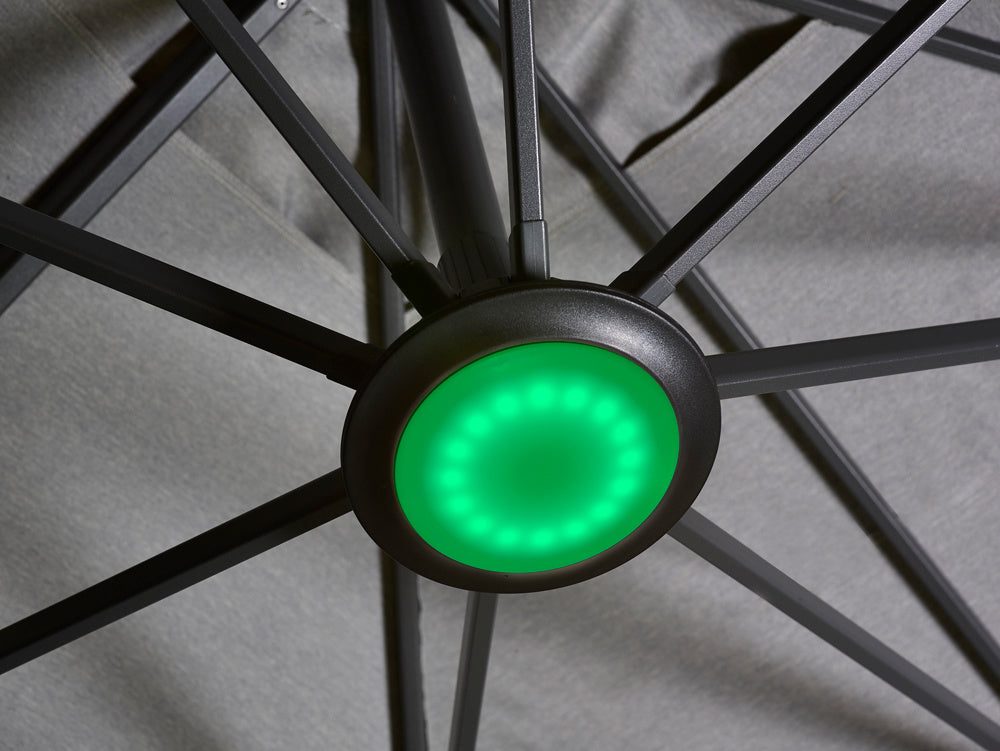 LED-parasollicht met ronde zwarte behuizing en groen licht