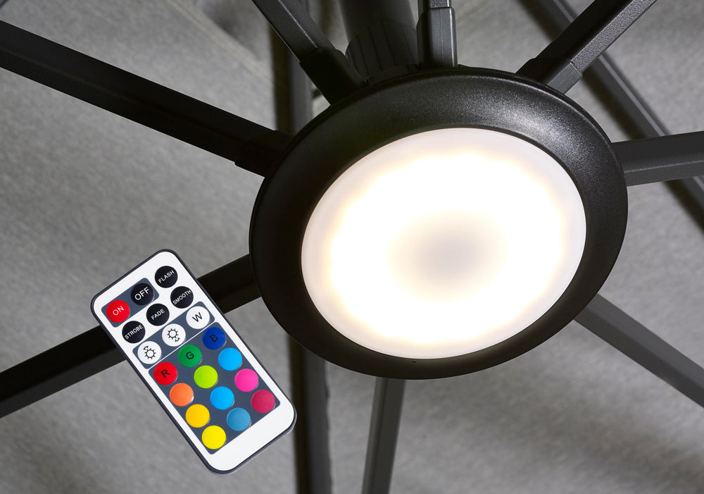 LED-parasollicht met ronde zwarte behuizing, wit licht en afstandsbediening