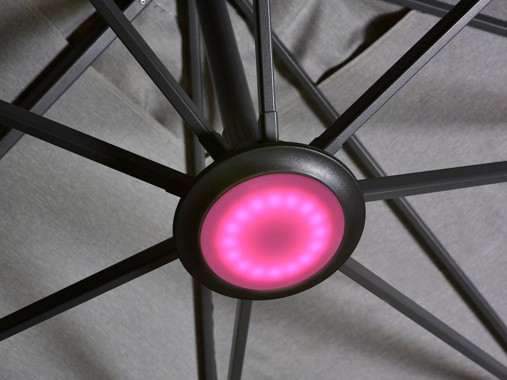 LED-parasollicht met ronde zwarte behuizing en roze licht