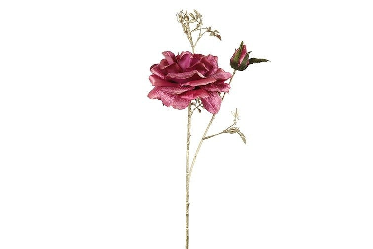 Fuchsia kunstroos met lange steel, roze bloem en kleine knopjes