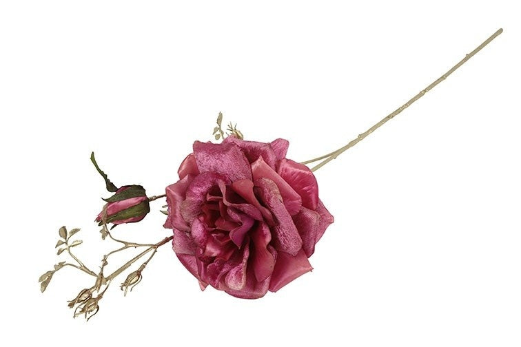 Fuchsia kunstroos met lange steel en takjes, roze bloemkop
