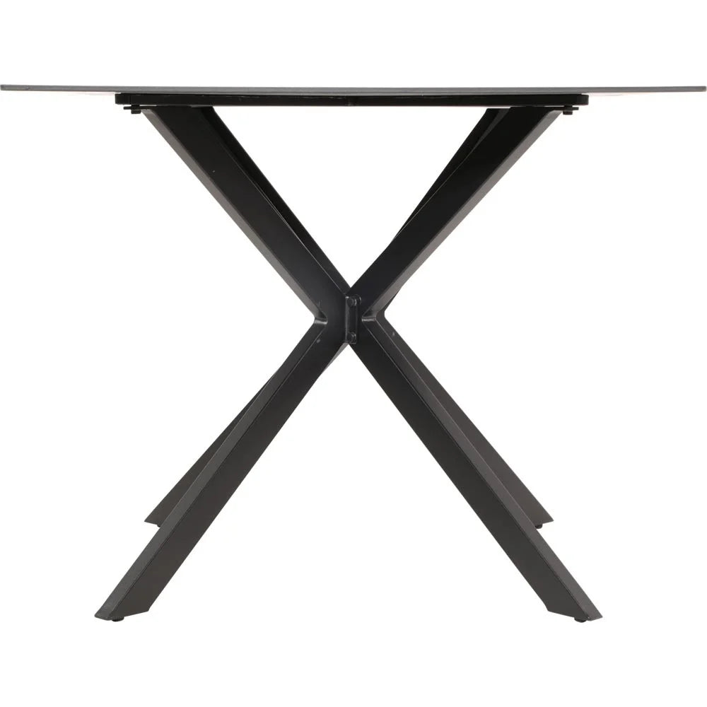 Tuintafel Crest: zwarte X-kruispoten en onderstel onder het tafelblad