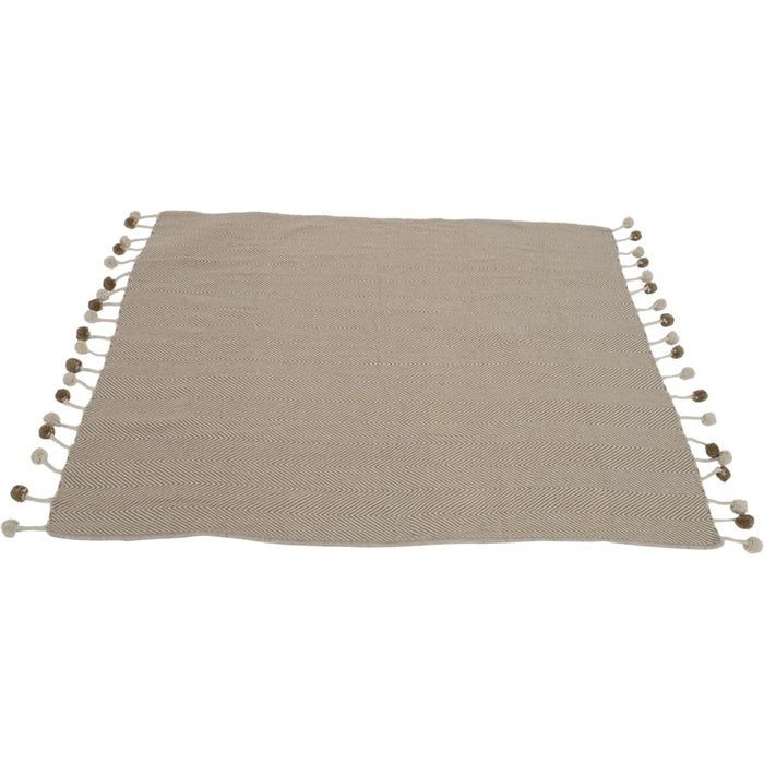 Bruin plaid met visgraatweefsel en pomponfranjes aan de randen, 125x150 cm