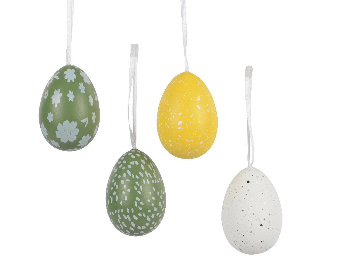 Polystyreen paaseieren assorti met ophangkoord, geel, groen en wit