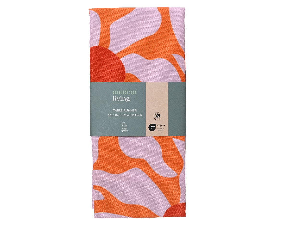 Buiten tafelloper van polyester met abstract oranje en roze design, opgevouwen