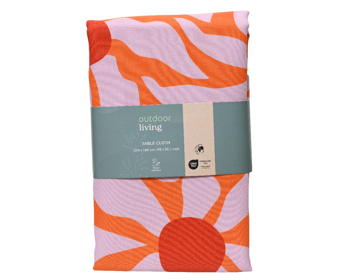 Buiten tafelkleed van polyester met oranje, roze en paarse fantasiebloemenpatroon