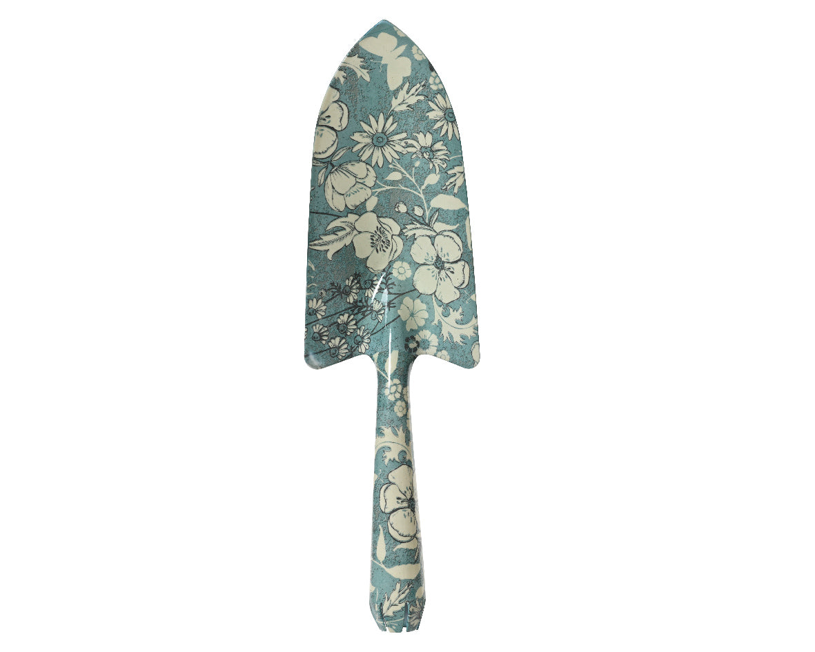 Schep met bloemenprint op steel en blad, blauwgroen