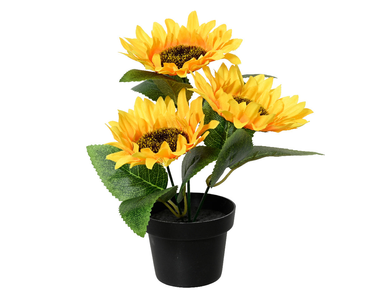 Zonnebloem van polyester in zwarte pot, met gele bloemen en groene bladeren.