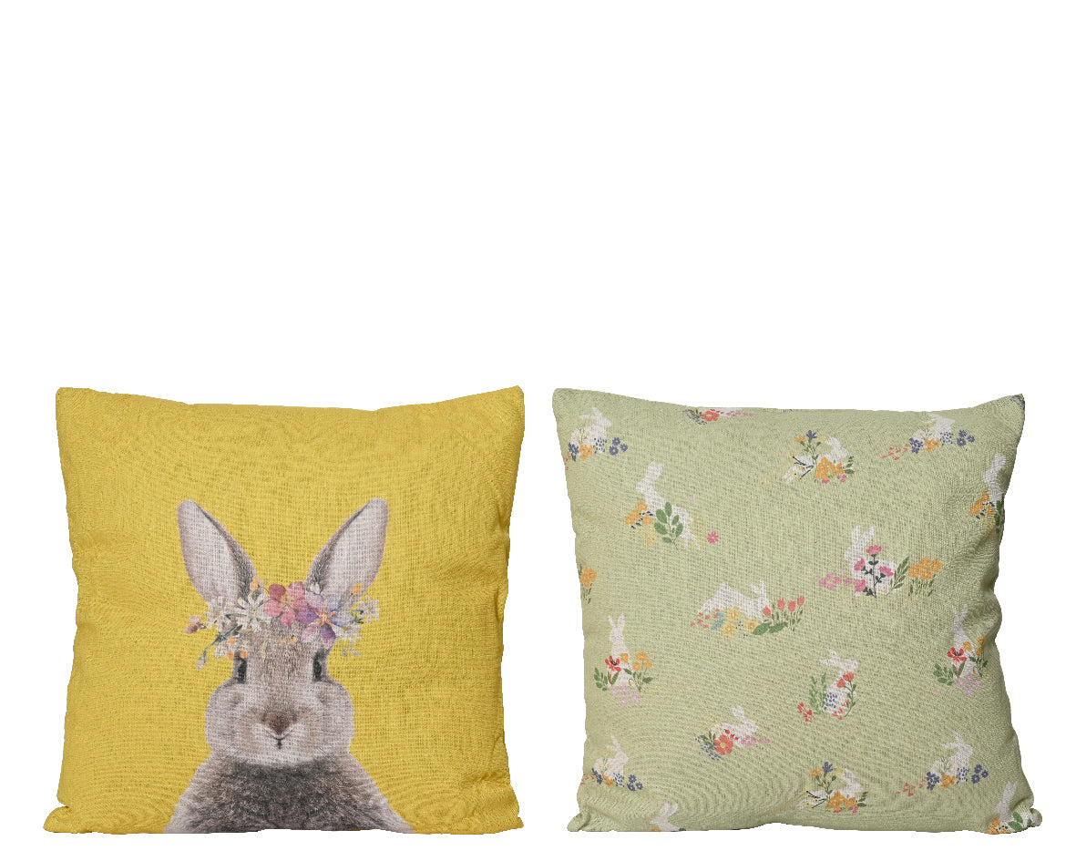 Kussens polyester met vierkante hoes, geel konijn en lichtgroene bloemenprint.