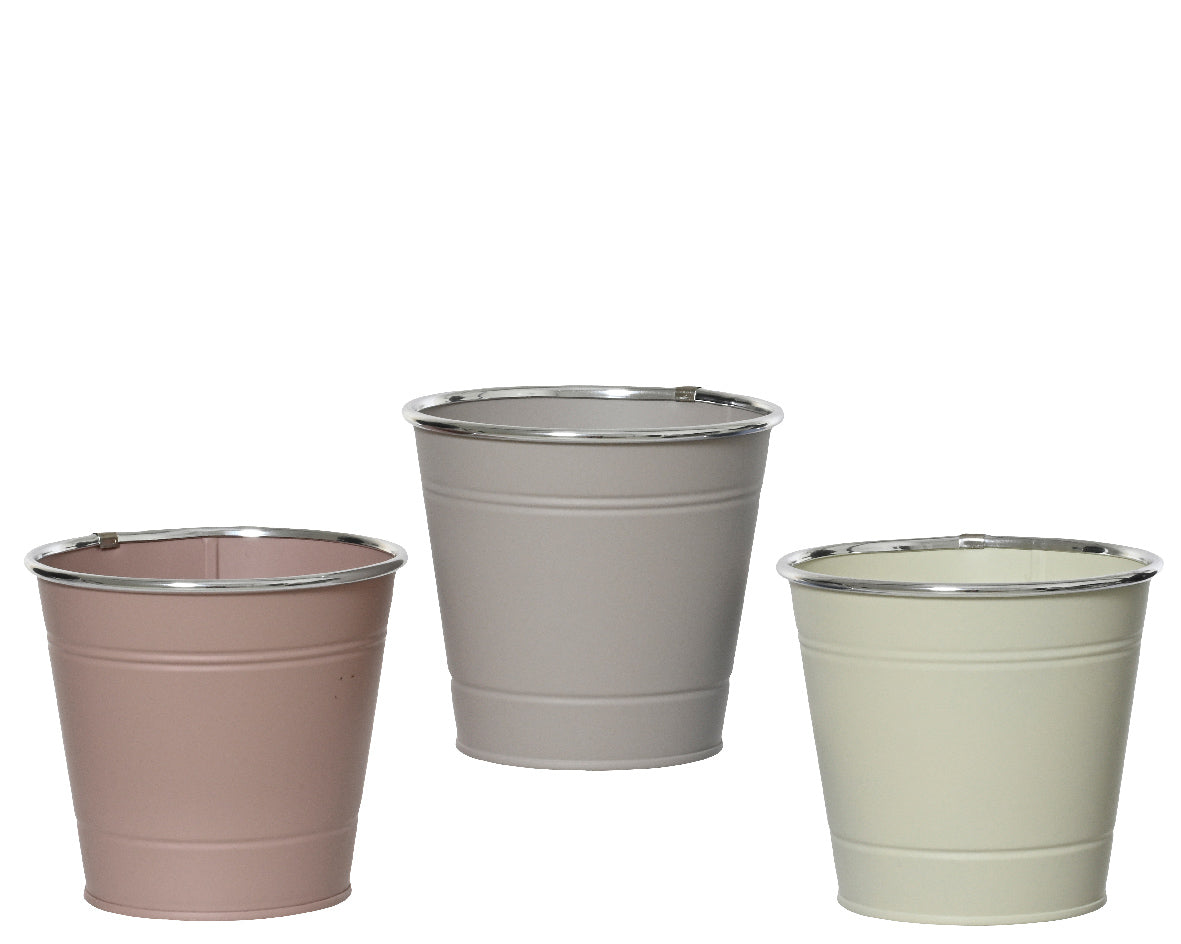 Set van drie zinken plantenbakken, roze, grijs en lichtgroen, open bovenrand