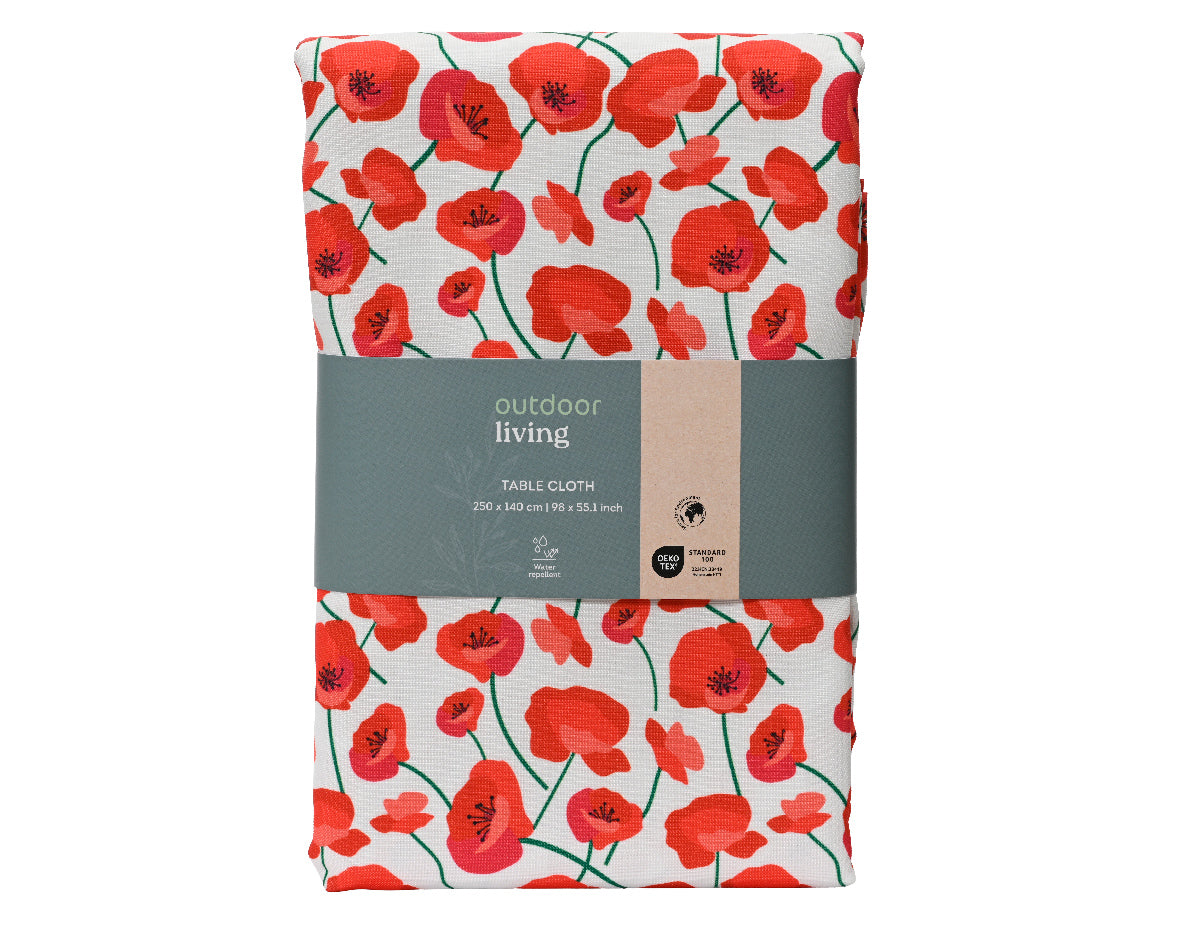 Polyester tafelkleed voor buiten met rode bloemen op witte ondergrond