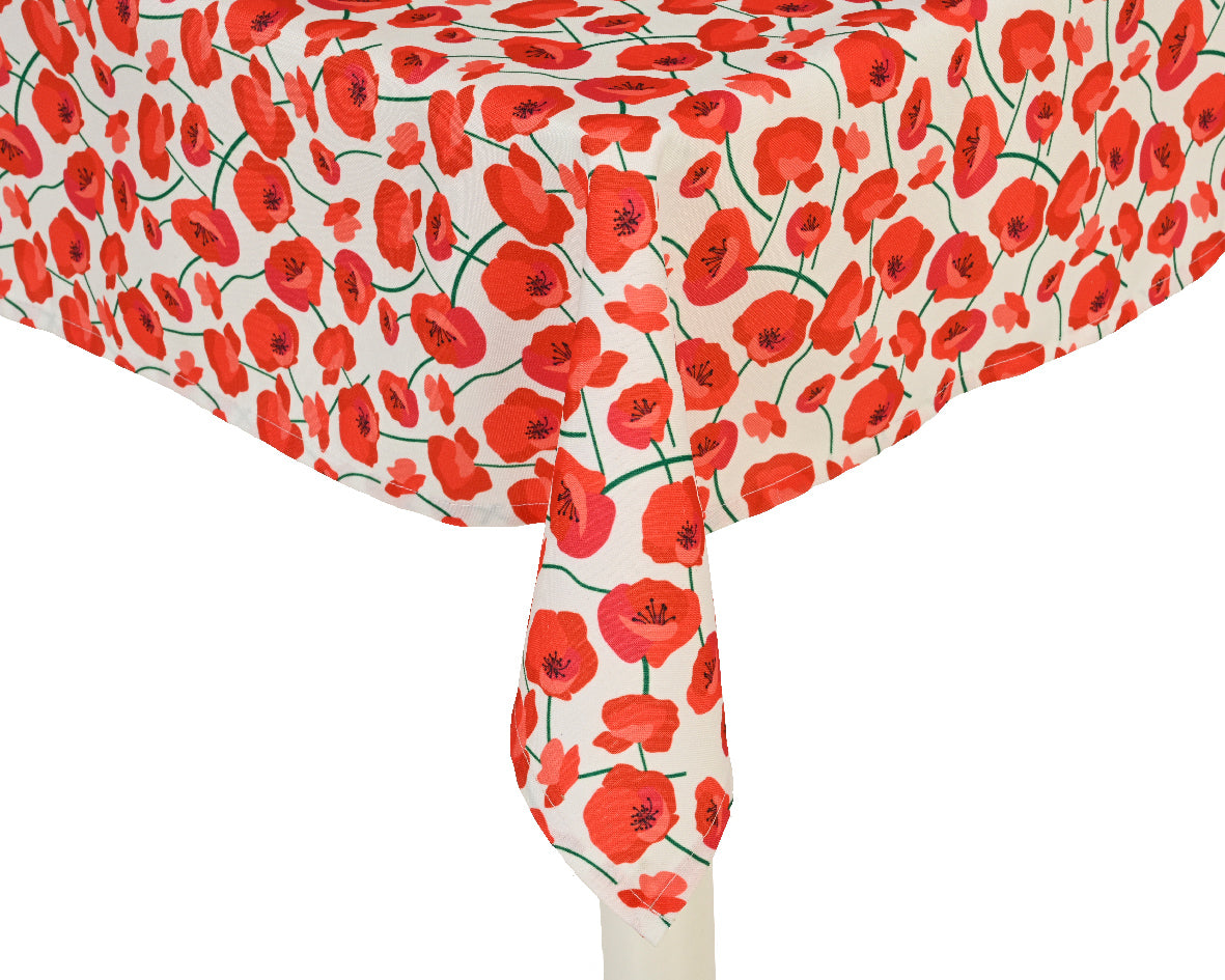 Buiten tafelkleed van polyester met rode bloemenprint en draperende hoeken
