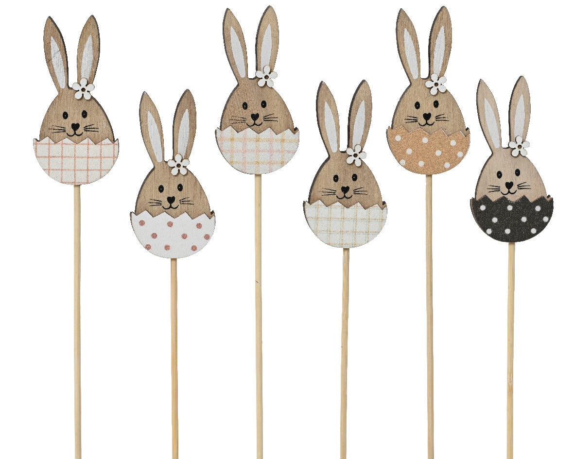 Set houten prikkers met konijnenkopjes, pastel patronen en strikjes, assorti
