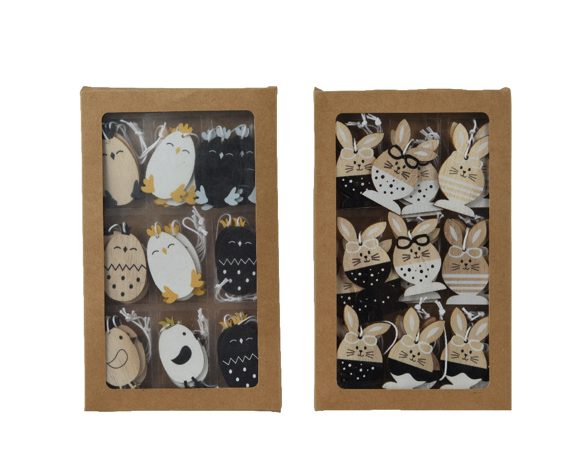 Assortiment houtenlook sierkaartjes met venster en dierenillustraties, in bruine verpakking