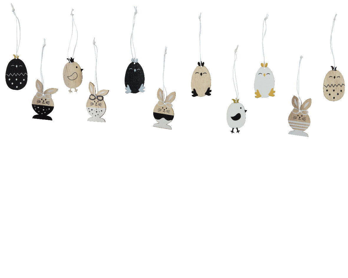 Set hangende dierfiguren van karton met koord, in zwart, beige en wit