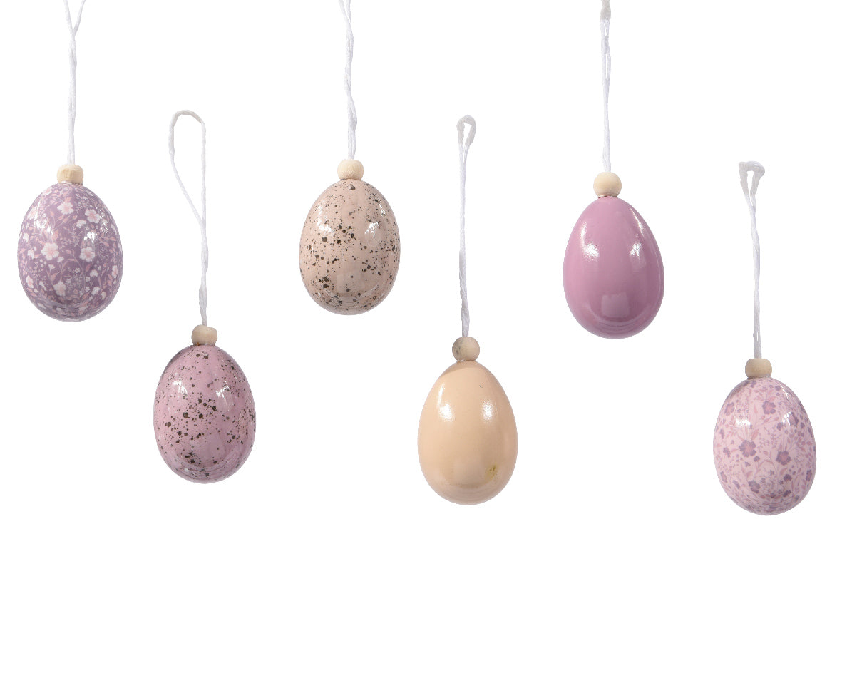 Schuim eieren assorti met ophangkoordjes: roze, beige en paars