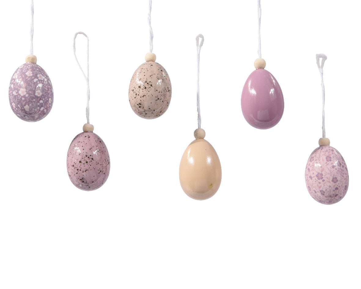 Assortiment schuim-eieren met ophanglus, in paars, roze en beige kleuren