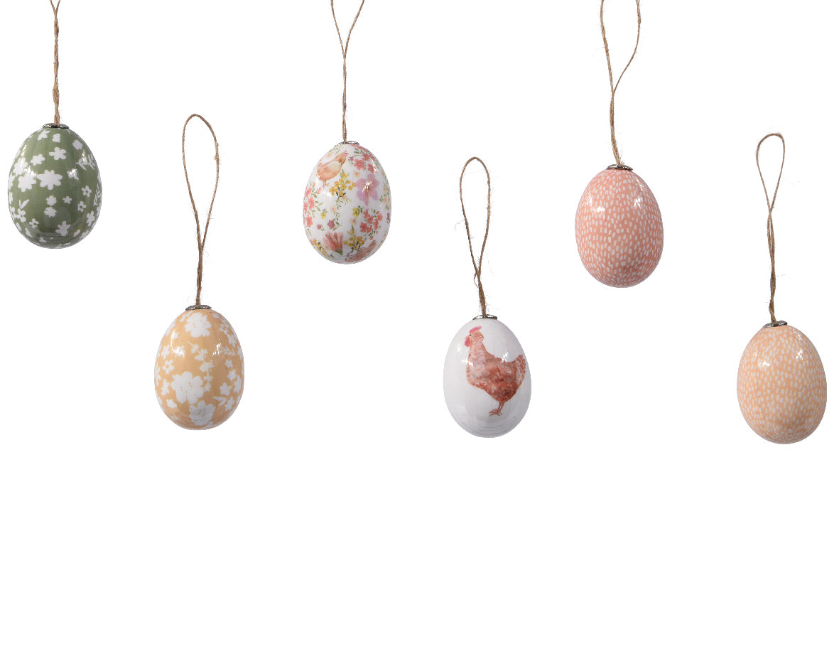 Schuim-eieren decoratie, zes hangende eieren in pastel en met verschillende prints.